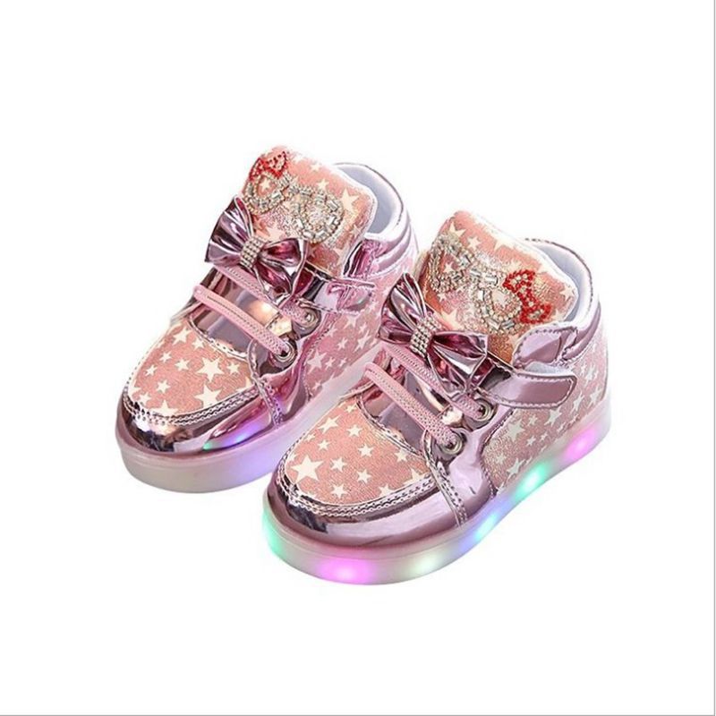 Children shoes - Girls Stars Printed Light Board Shoes Girls Rhinestone LED Light Up Shoes