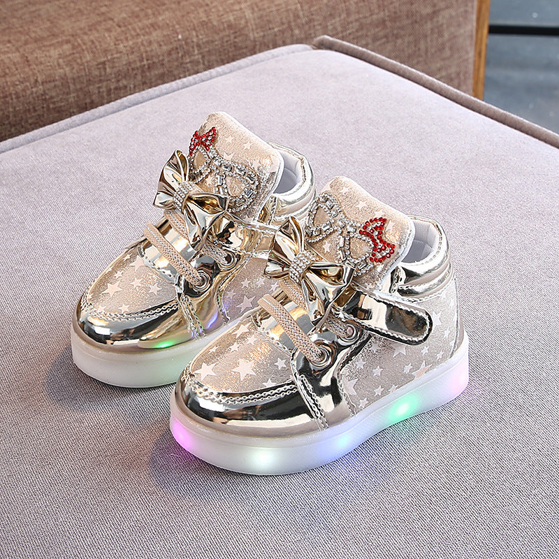 Children shoes - Girls Stars Printed Light Board Shoes Girls Rhinestone LED Light Up Shoes