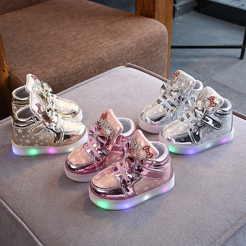 Children shoes - Girls Stars Printed Light Board Shoes Girls Rhinestone LED Light Up Shoes