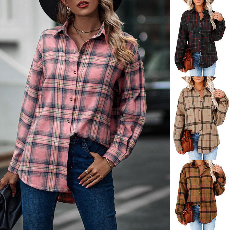 Women’s Long sleeve shirt - New Casual Loose Boyfriend Plaid Shirt