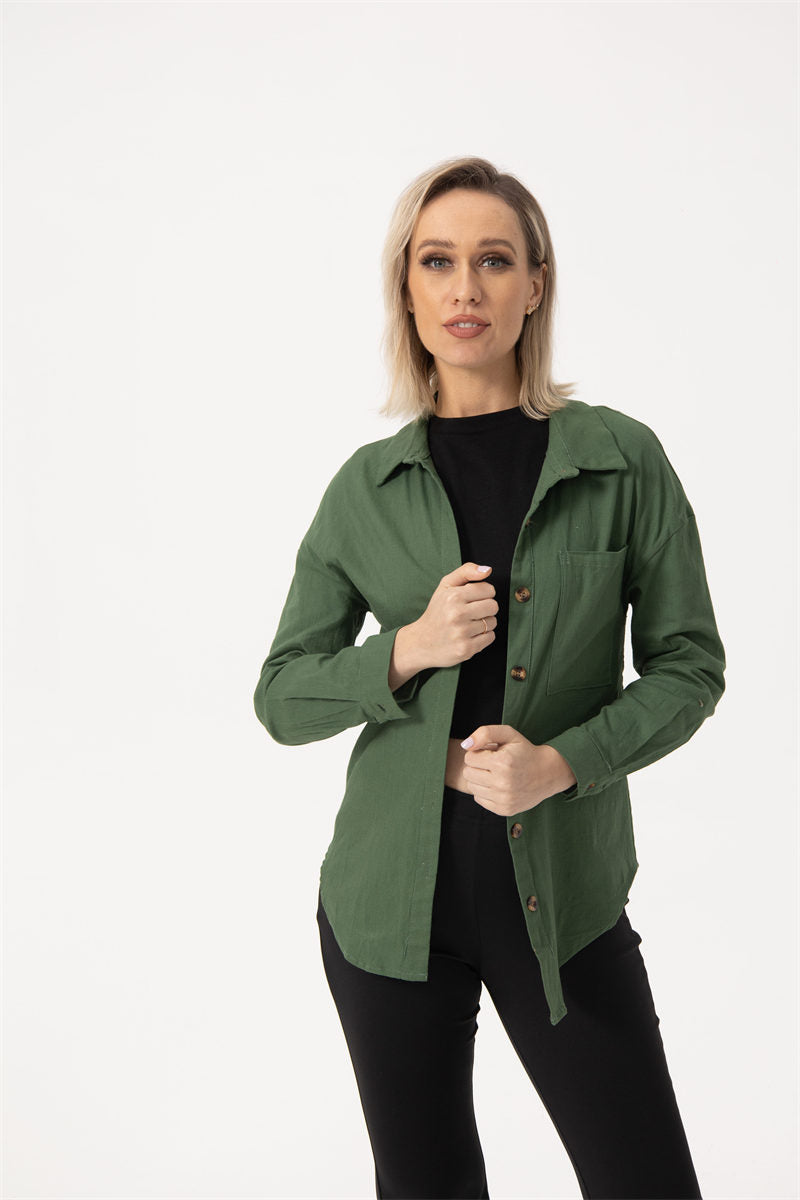 Women’s Long sleeve shirt - V Neck Button Ladies Cotton Linen Shirt