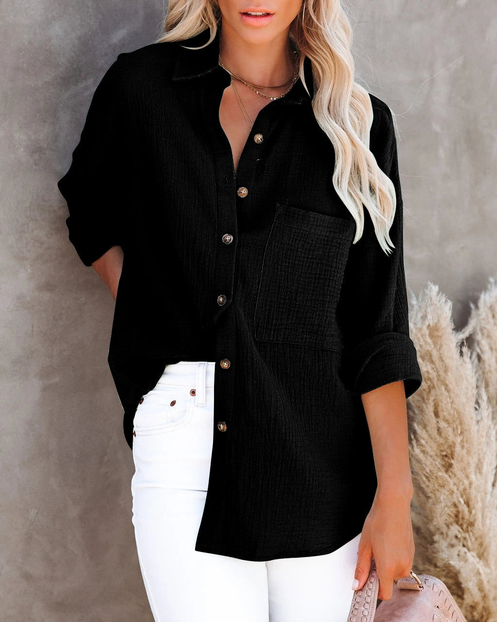 Women’s Long sleeve shirt - V Neck Button Ladies Cotton Linen Shirt