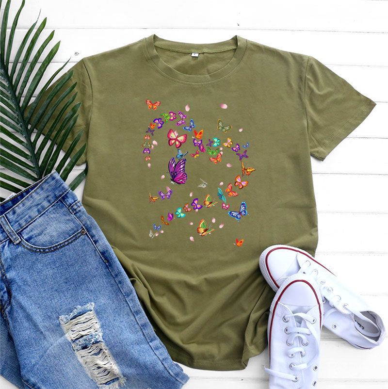 Women’s Tshirt - Women's Fashionable Simple Heart Butterfly Printed Round Neck Short Sleeve T-shirt