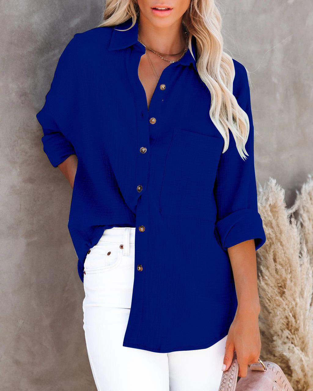 Women’s Long sleeve shirt - V Neck Button Ladies Cotton Linen Shirt