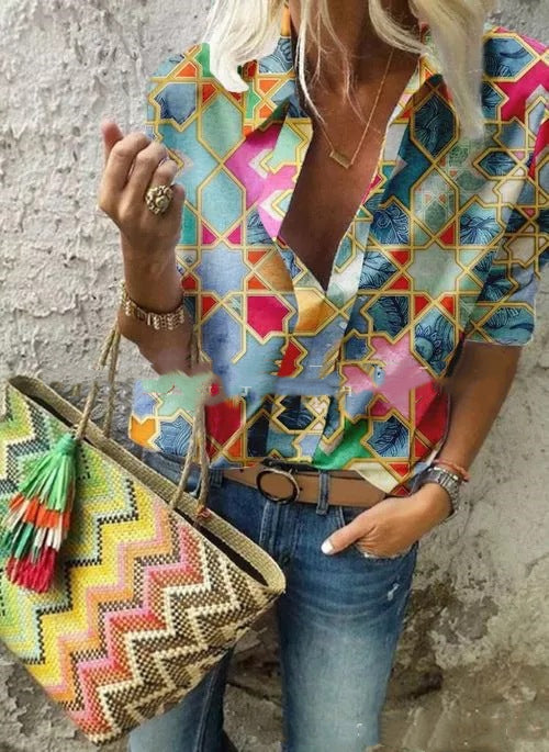 Women’s short sleeve Shirt - Summer Women's Shirts European And American Printed Loose Short-sleeved Shirts