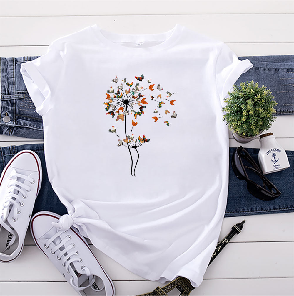 Women’s Short sleeve Tshirt - European And American Rooster Dandelion Printed Cotton