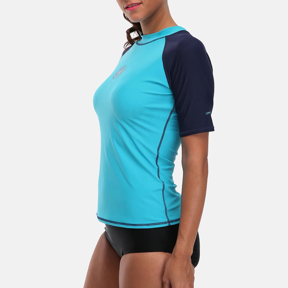 Rashguard Charmo Women short Sleeve Rashguard Shirt Swimsuit Patchwork Swimwear Surfing Top Hiking Shirt Rash Guard UPF50+