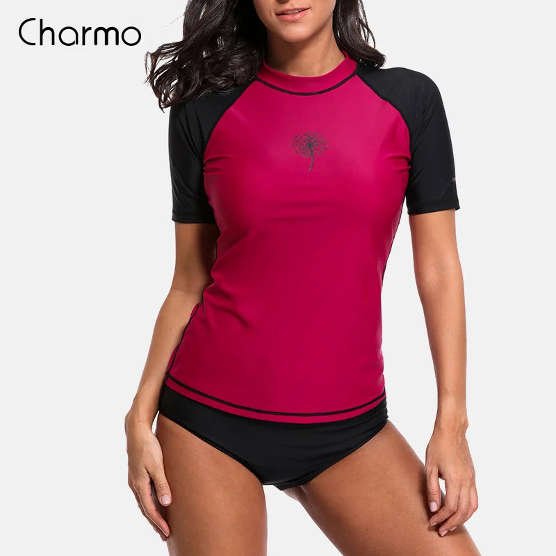 Rashguard Charmo Women short Sleeve Rashguard Shirt Swimsuit Patchwork Swimwear Surfing Top Hiking Shirt Rash Guard UPF50+