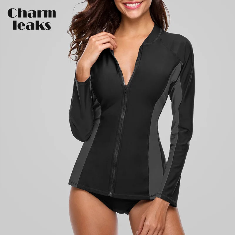 Rashguard Charmleaks Women Long Sleeve Zipper Rashguard Swimsuit Surfing Top Rash Guard Zipper UPF50+ Running Shirt Biking Shirt Swimwear