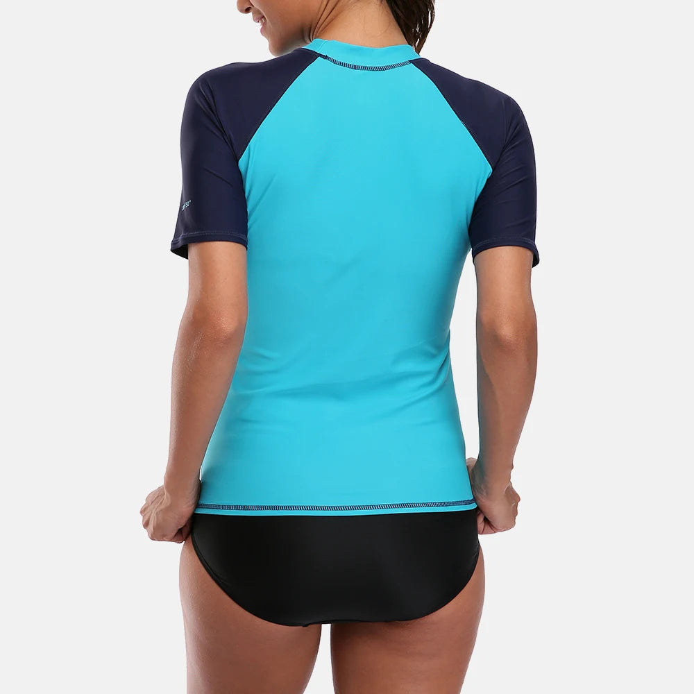 Rashguard Charmo Women short Sleeve Rashguard Shirt Swimsuit Patchwork Swimwear Surfing Top Hiking Shirt Rash Guard UPF50+