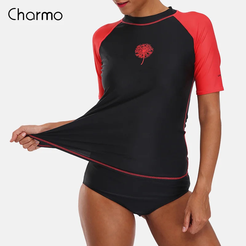 Rashguard Charmo Women short Sleeve Rashguard Shirt Swimsuit Patchwork Swimwear Surfing Top Hiking Shirt Rash Guard UPF50+