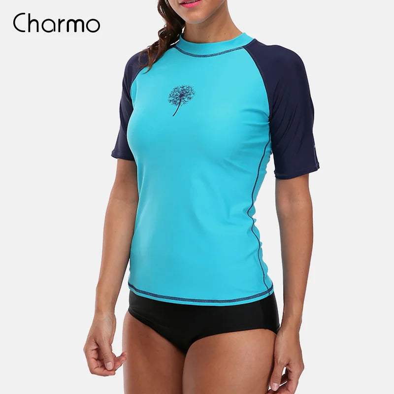 Rashguard Charmo Women short Sleeve Rashguard Shirt Swimsuit Patchwork Swimwear Surfing Top Hiking Shirt Rash Guard UPF50+