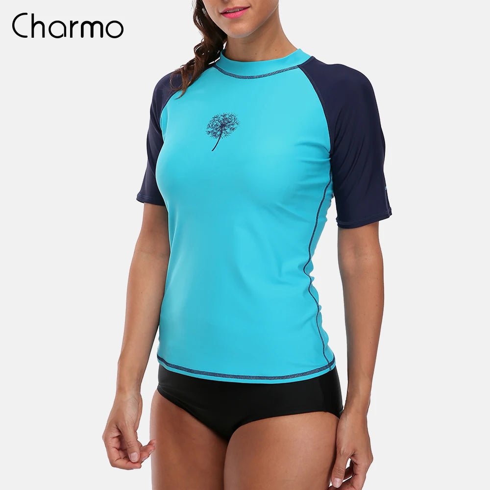 Rashguard Charmo Women short Sleeve Rashguard Shirt Swimsuit Patchwork Swimwear Surfing Top Hiking Shirt Rash Guard UPF50+