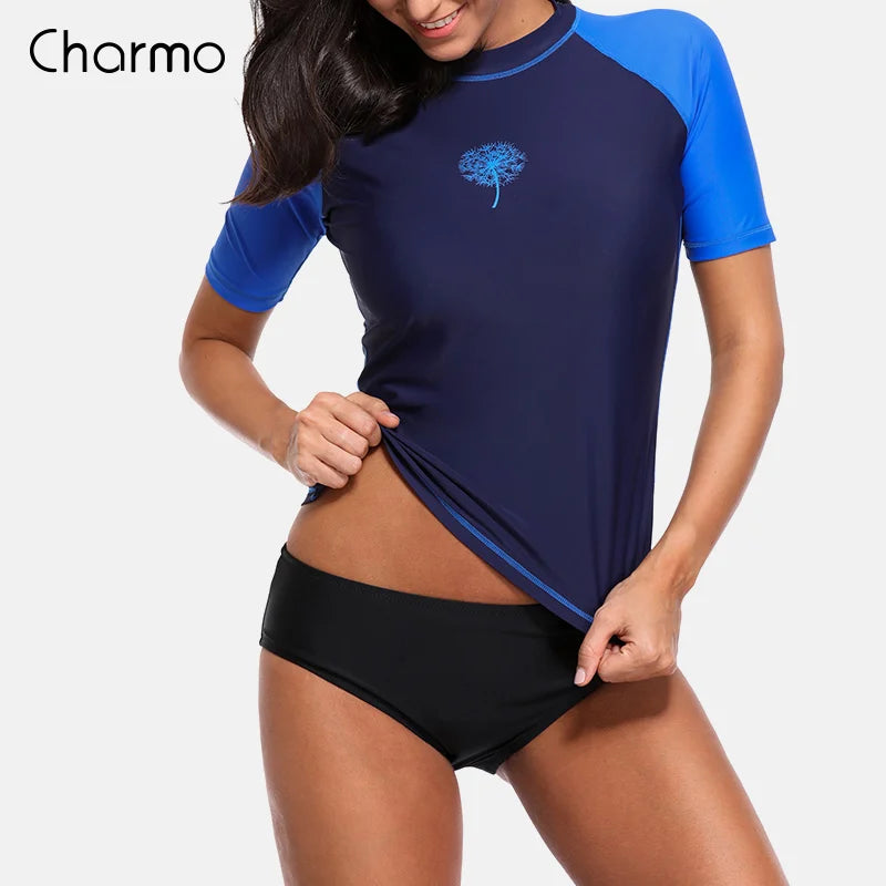 Rashguard Charmo Women short Sleeve Rashguard Shirt Swimsuit Patchwork Swimwear Surfing Top Hiking Shirt Rash Guard UPF50+