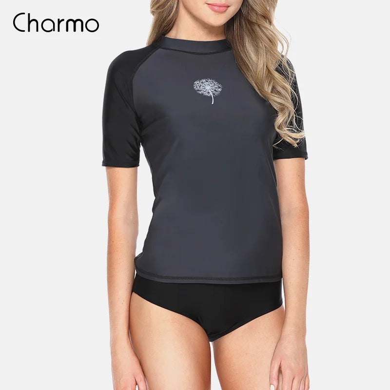 Rashguard Charmo Women short Sleeve Rashguard Shirt Swimsuit Patchwork Swimwear Surfing Top Hiking Shirt Rash Guard UPF50+