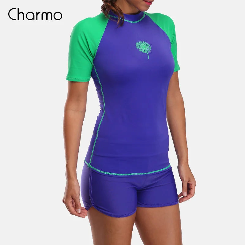 Rashguard Charmo Women short Sleeve Rashguard Shirt Swimsuit Patchwork Swimwear Surfing Top Hiking Shirt Rash Guard UPF50+