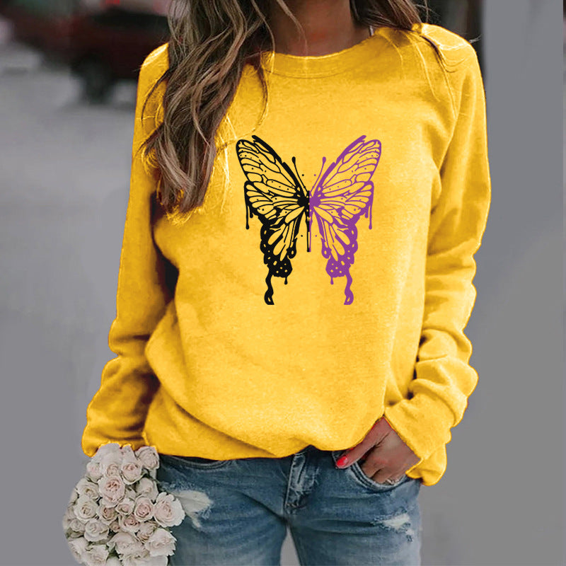 Women’s Long sleeve Tshirt - Fashion Colorized Butterfly Round Neck Sports Top
