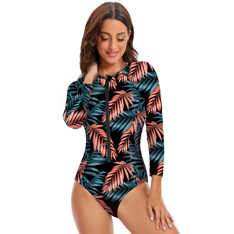Rashguard Womens Athletic One Piece Swimsuits Rashguard Long Sleeve Swimsuit Sports Surfing Swimwear Bathing Suits Printed Half Zipper S to XXL