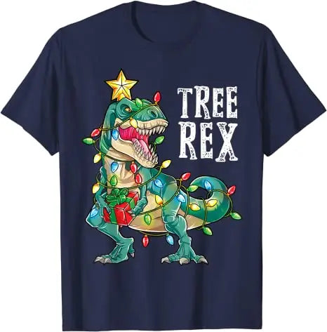 Christmas Dinosaur Tree Rex Pajamas Men Boys Xmas Lights T-Shirt Gift Cute Dino Wear Xmas Lights Graphic Tee Top Family Matching