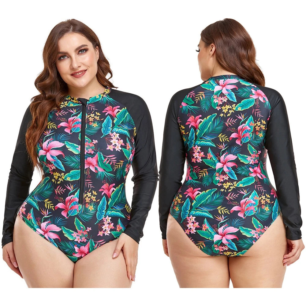 Rashguard Womens RashGuard Plus Size Swimwear Long Sleeve Zipper Front Beachwear Patchwork Surf Bathing Suit Floral Printed