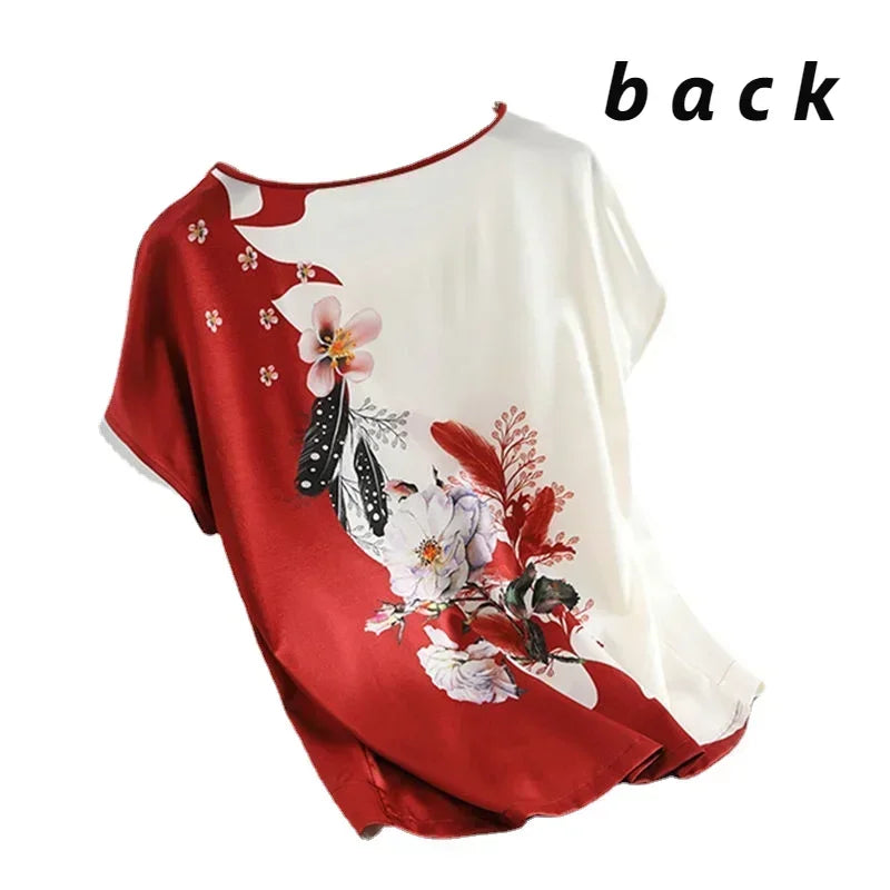 New Women Silk Satin Blouses Fashion Batwing sleeve Vintage Print Floral Blouse Ladies Casual Short sleeve Tops