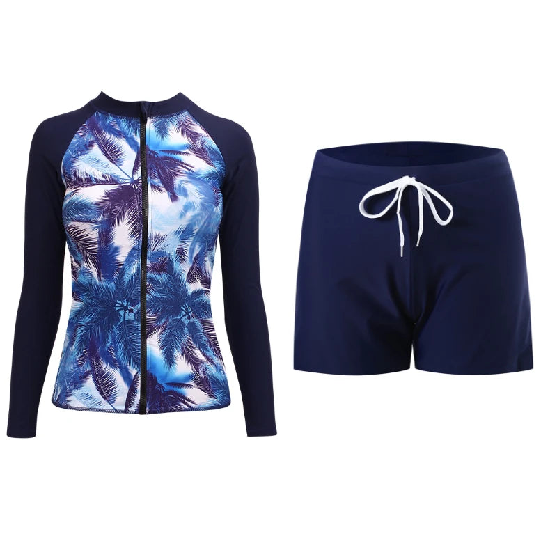 Rashguard Long Sleeve Surf Rash Guards Swimsuit 2024 Print Swimwear Women Zipper Two-Piece Rashguards Diving Clothes Bathing Swimming Suit