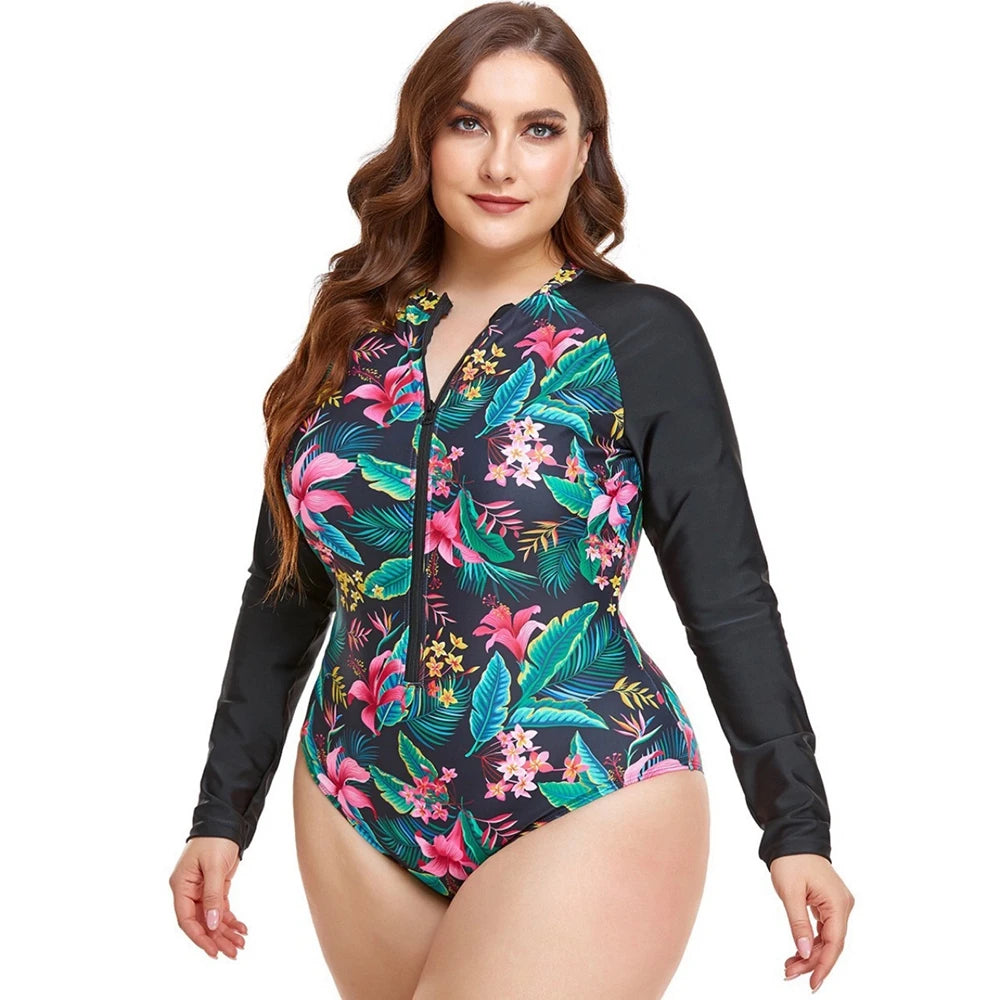 Rashguard Womens RashGuard Plus Size Swimwear Long Sleeve Zipper Front Beachwear Patchwork Surf Bathing Suit Floral Printed