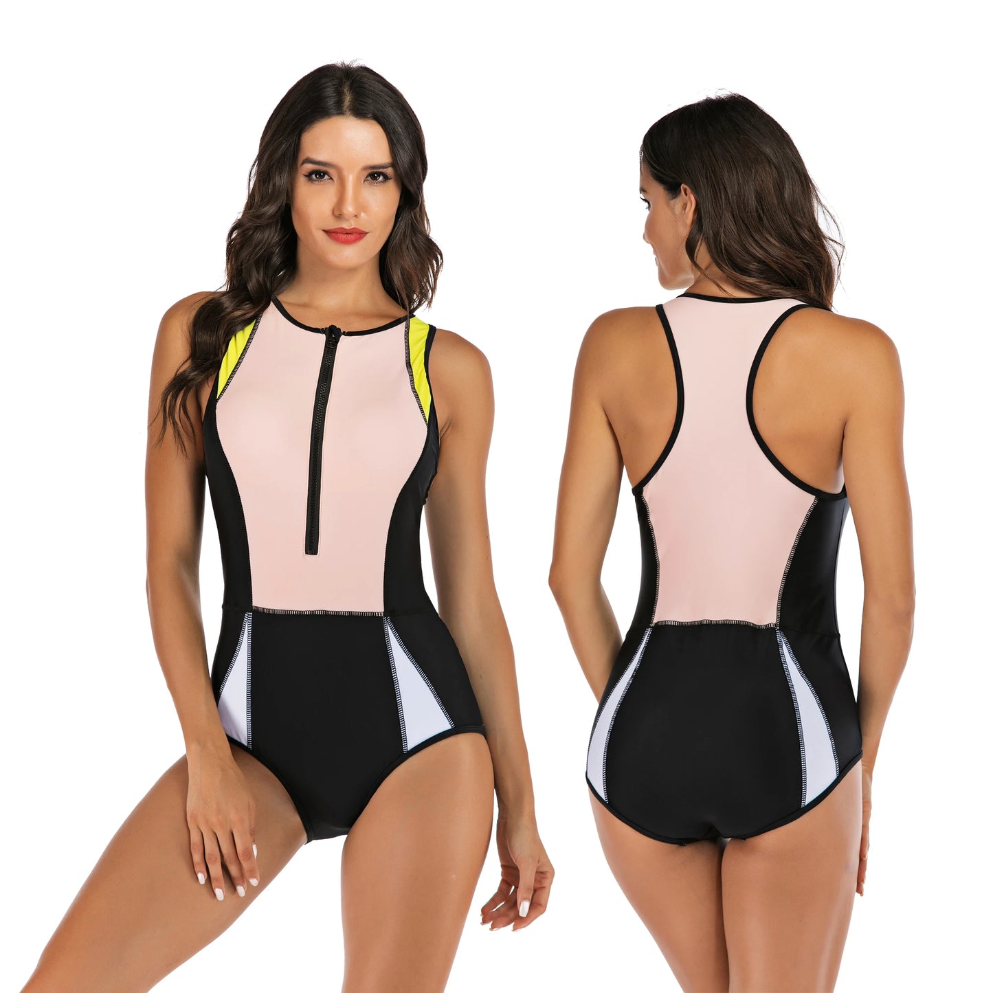 Rashguard - Women's Color Block Zipper Front Rashguard One Piece Swimsuit Swimwear Athletic Sports Swimwear Bathing Suit Rash Guards Sunsuit