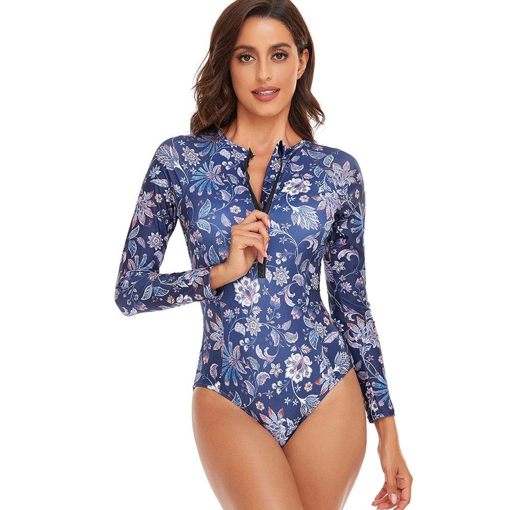 Rashguard Womens Athletic One Piece Swimsuits Rashguard Long Sleeve Swimsuit Sports Surfing Swimwear Bathing Suits Printed Half Zipper S to XXL