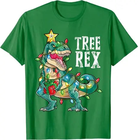 Christmas Dinosaur Tree Rex Pajamas Men Boys Xmas Lights T-Shirt Gift Cute Dino Wear Xmas Lights Graphic Tee Top Family Matching