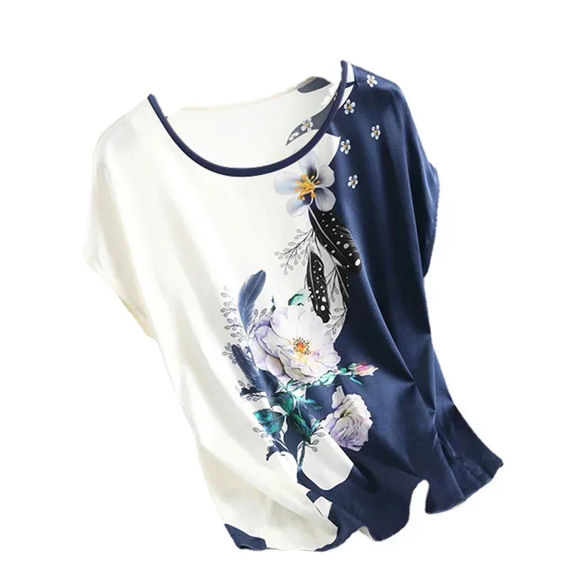 New Women Silk Satin Blouses Fashion Batwing sleeve Vintage Print Floral Blouse Ladies Casual Short sleeve Tops