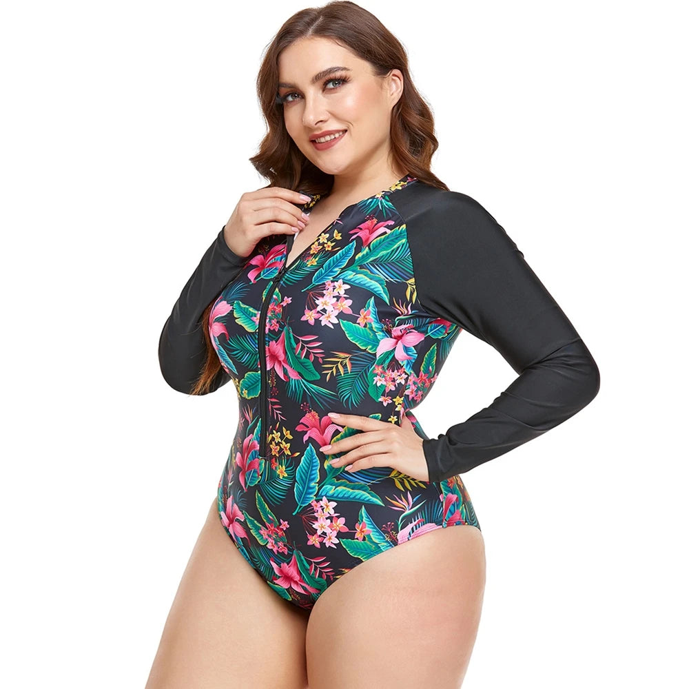 Rashguard Womens RashGuard Plus Size Swimwear Long Sleeve Zipper Front Beachwear Patchwork Surf Bathing Suit Floral Printed