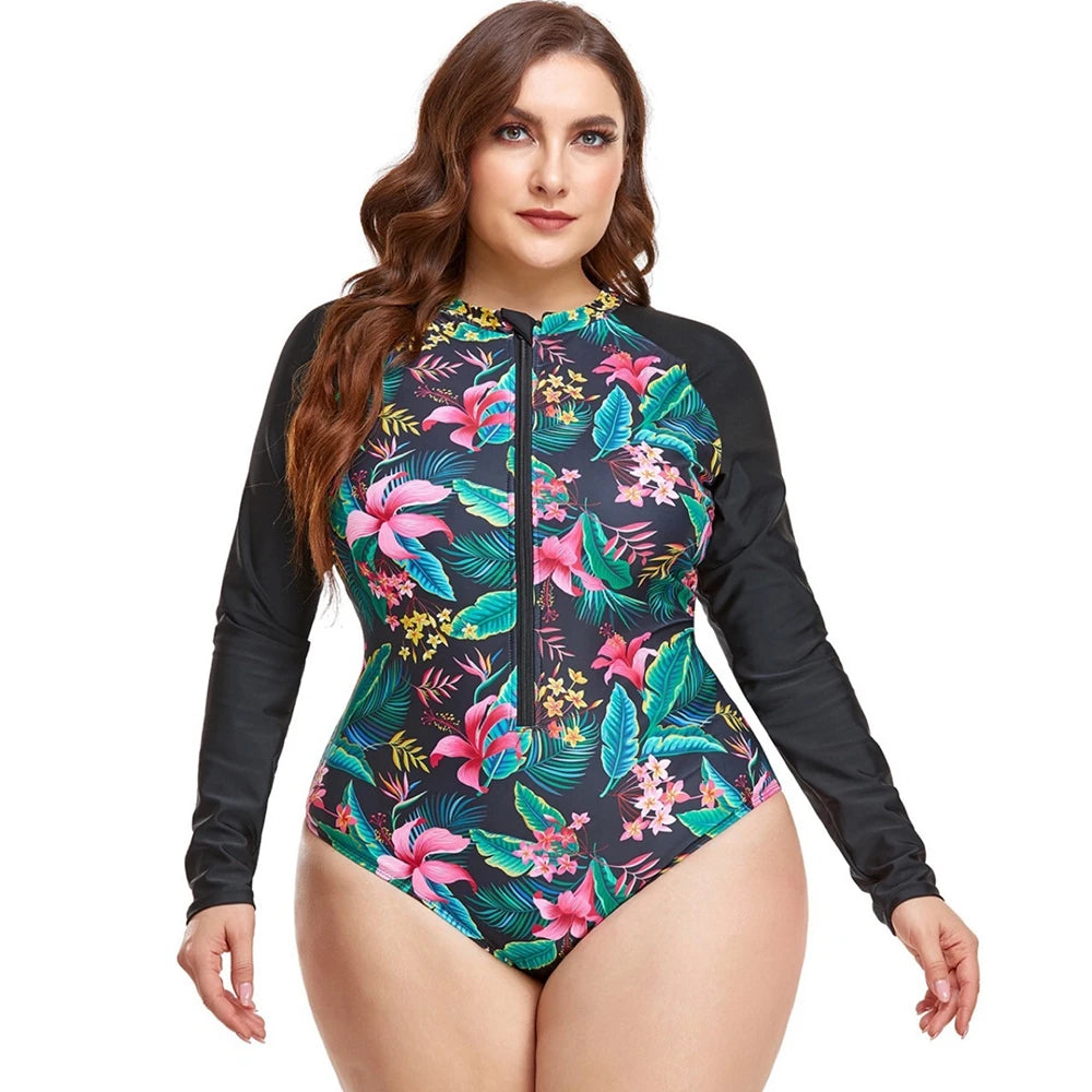 Rashguard Womens RashGuard Plus Size Swimwear Long Sleeve Zipper Front Beachwear Patchwork Surf Bathing Suit Floral Printed