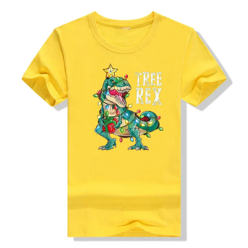 Christmas Dinosaur Tree Rex Pajamas Men Boys Xmas Lights T-Shirt Gift Cute Dino Wear Xmas Lights Graphic Tee Top Family Matching