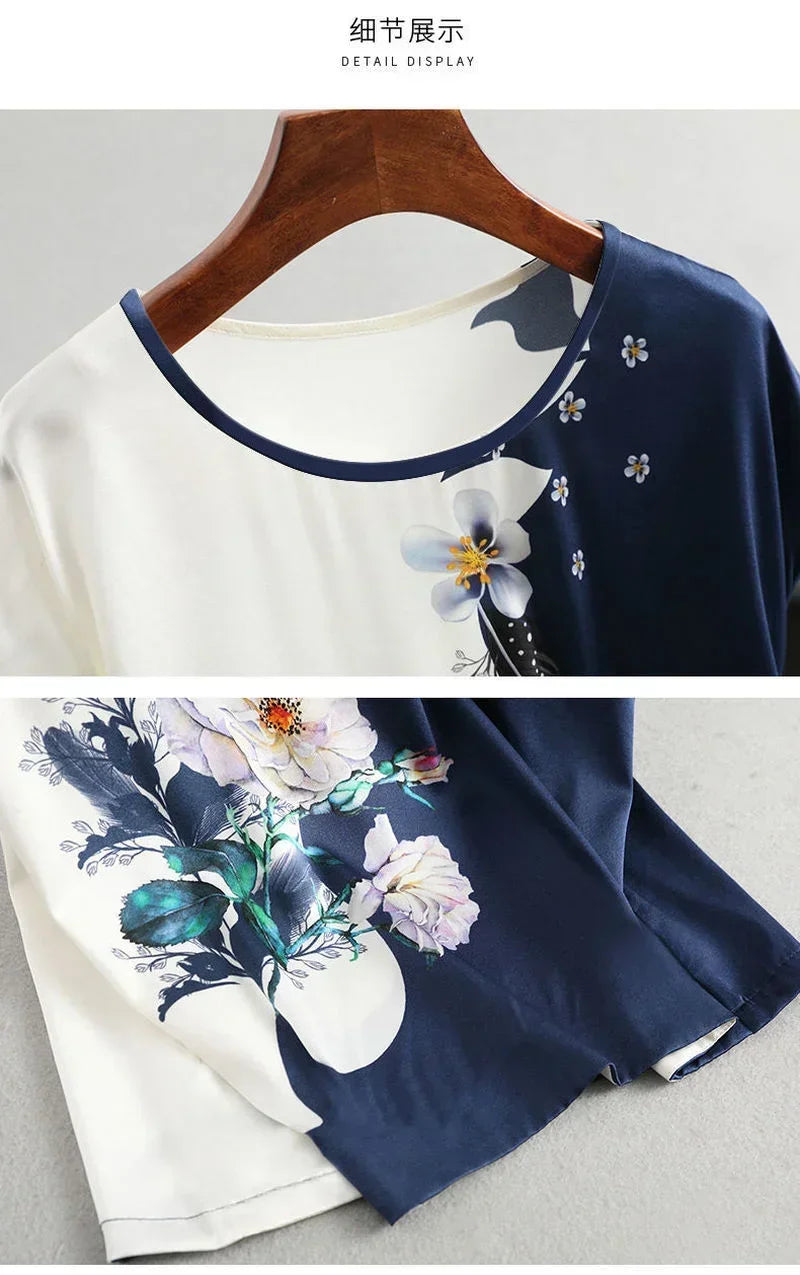 New Women Silk Satin Blouses Fashion Batwing sleeve Vintage Print Floral Blouse Ladies Casual Short sleeve Tops