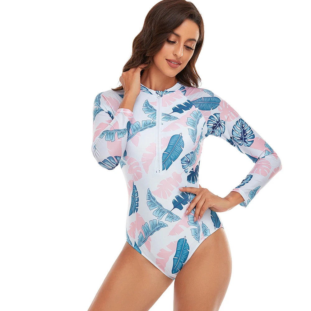 Rashguard Womens Athletic One Piece Swimsuits Rashguard Long Sleeve Swimsuit Sports Surfing Swimwear Bathing Suits Printed Half Zipper S to XXL