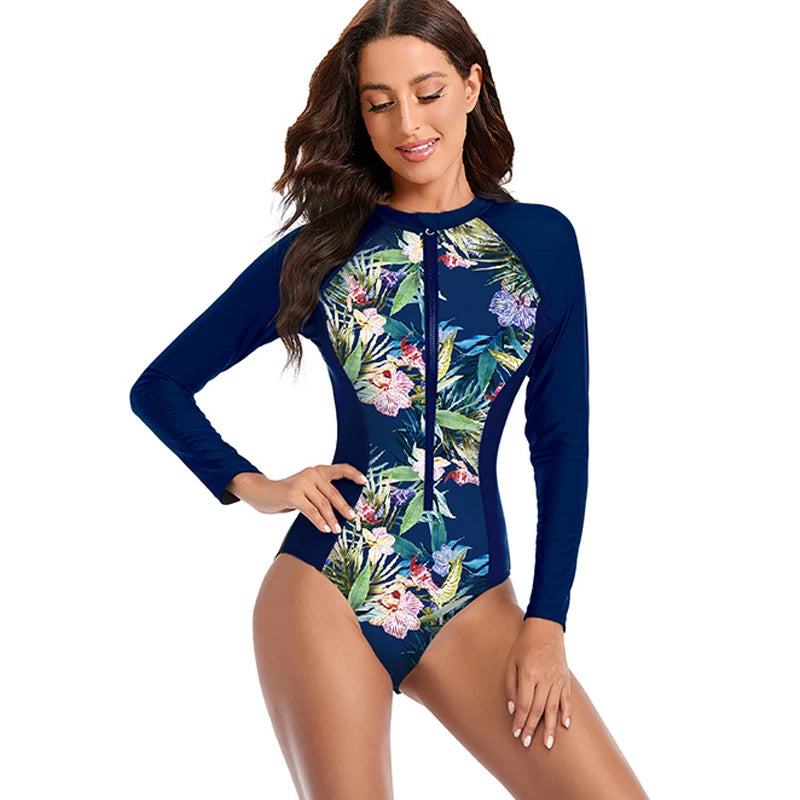 Rashguard Womens Athletic One Piece Swimsuits Rashguard Long Sleeve Swimsuit Sports Surfing Swimwear Bathing Suits Printed Half Zipper S to XXL