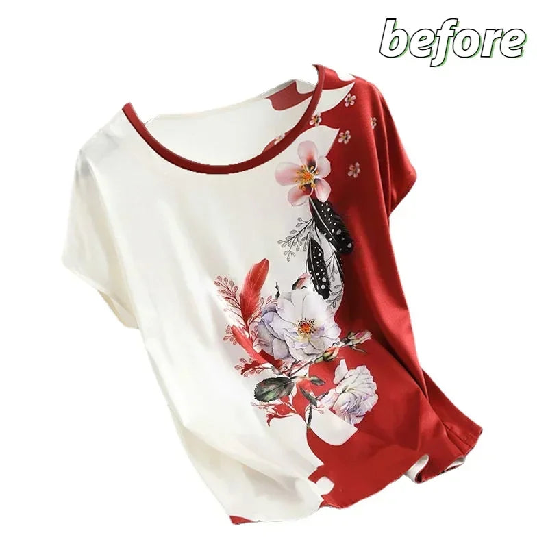New Women Silk Satin Blouses Fashion Batwing sleeve Vintage Print Floral Blouse Ladies Casual Short sleeve Tops