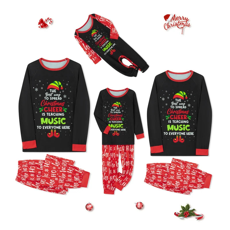 Christmas Family Pajamas Matching Outfits Letters Print Long Sleeve T-shirt with Pants Set/ Jumpsuit Sleepwear Loungewear