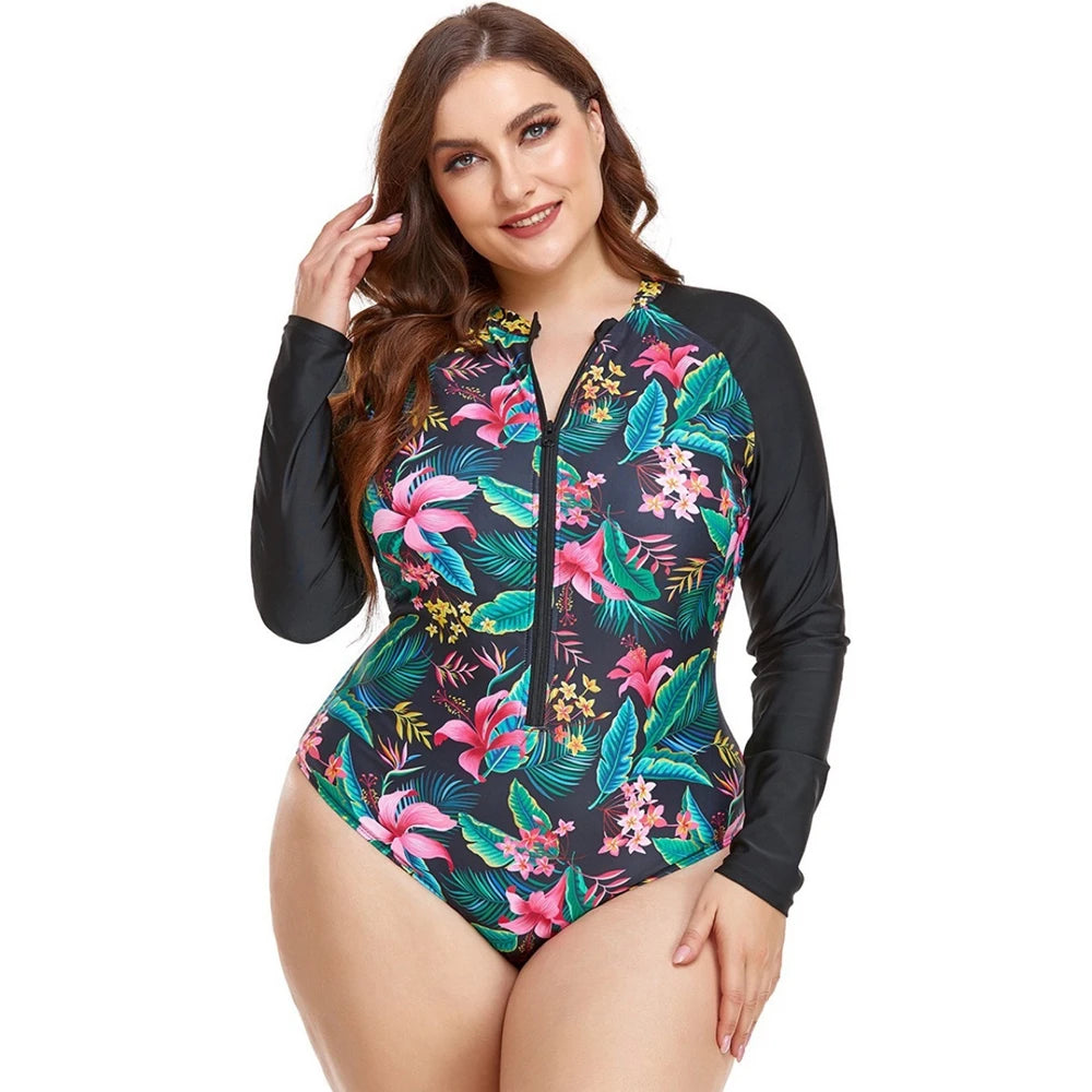 Rashguard Womens RashGuard Plus Size Swimwear Long Sleeve Zipper Front Beachwear Patchwork Surf Bathing Suit Floral Printed