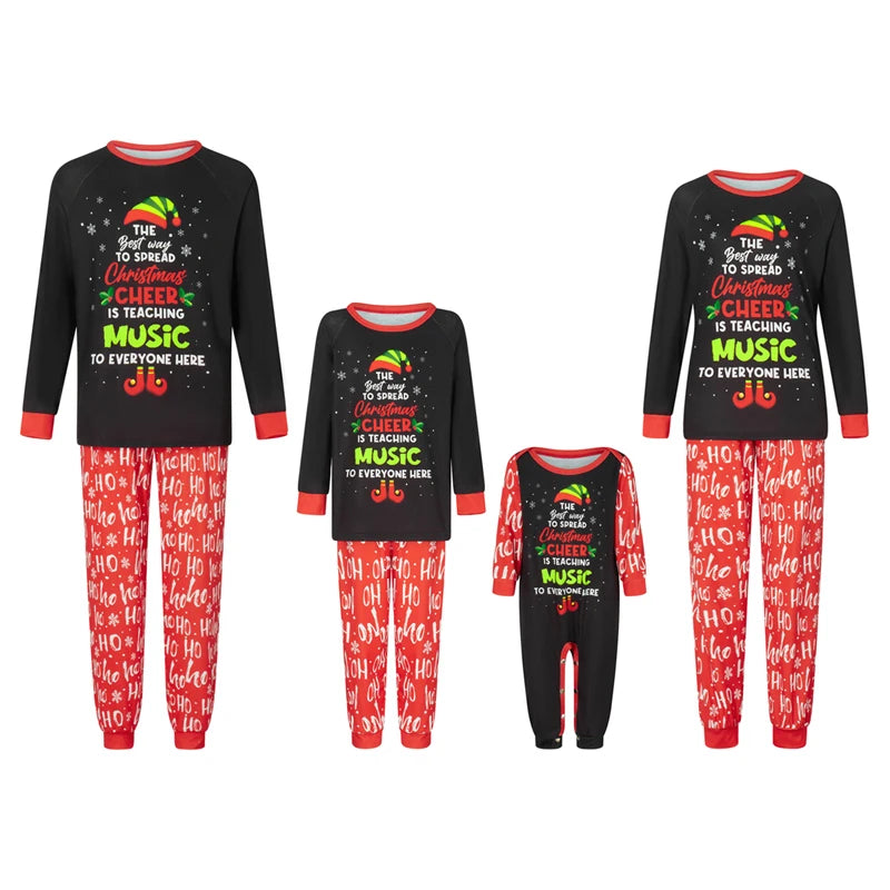 Christmas Family Pajamas Matching Outfits Letters Print Long Sleeve T-shirt with Pants Set/ Jumpsuit Sleepwear Loungewear