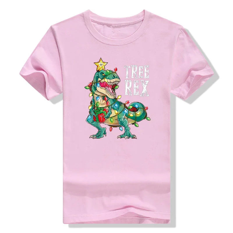 Christmas Dinosaur Tree Rex Pajamas Men Boys Xmas Lights T-Shirt Gift Cute Dino Wear Xmas Lights Graphic Tee Top Family Matching