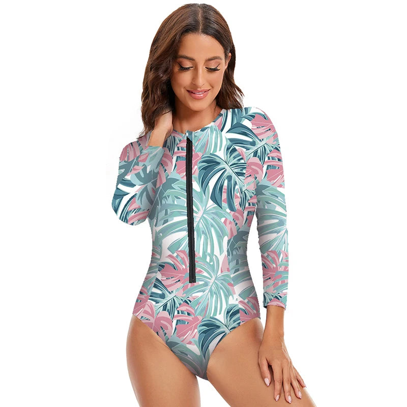 Rashguard Womens Athletic One Piece Swimsuits Rashguard Long Sleeve Swimsuit Sports Surfing Swimwear Bathing Suits Printed Half Zipper S to XXL