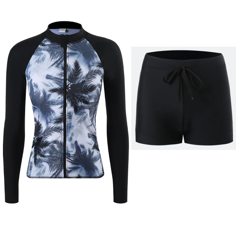 Rashguard Long Sleeve Surf Rash Guards Swimsuit 2024 Print Swimwear Women Zipper Two-Piece Rashguards Diving Clothes Bathing Swimming Suit