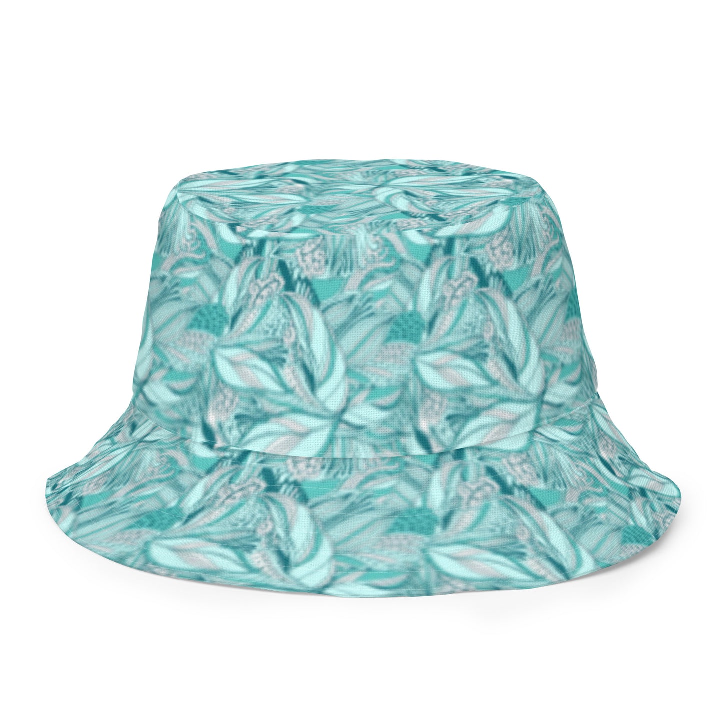 Reversible bucket hat spring green leaves with feathers on reverse design no. 1