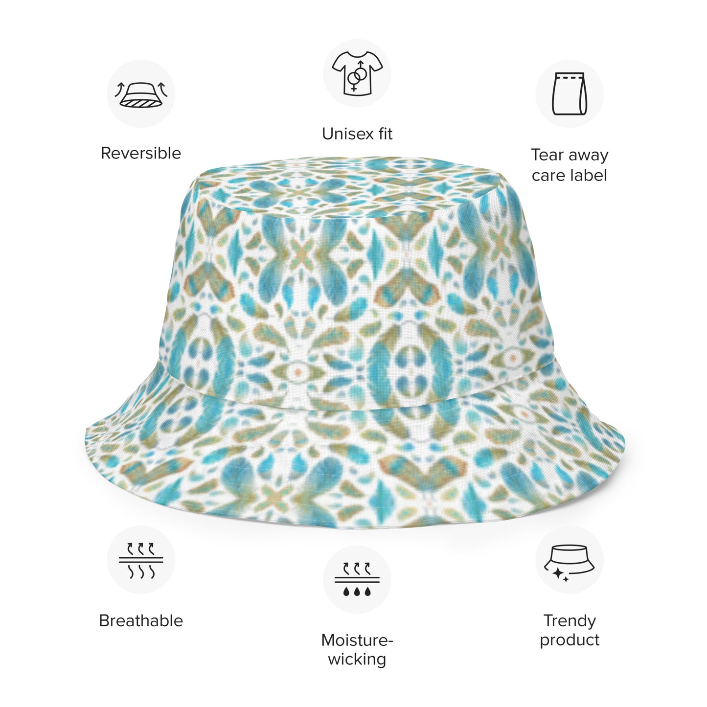 Reversible bucket hat spring green leaves with feathers on reverse design no. 1