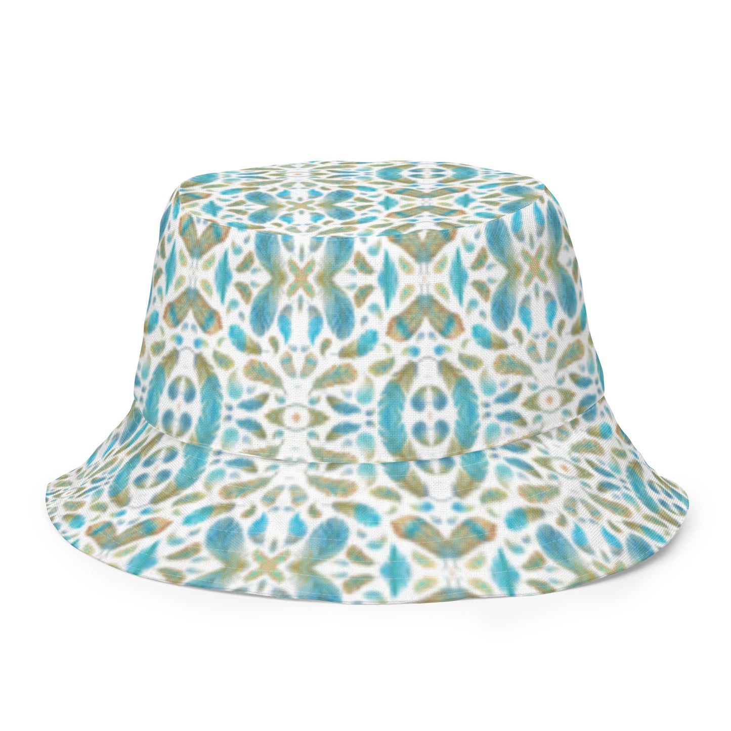 Reversible bucket hat spring green leaves with feathers on reverse design no. 1