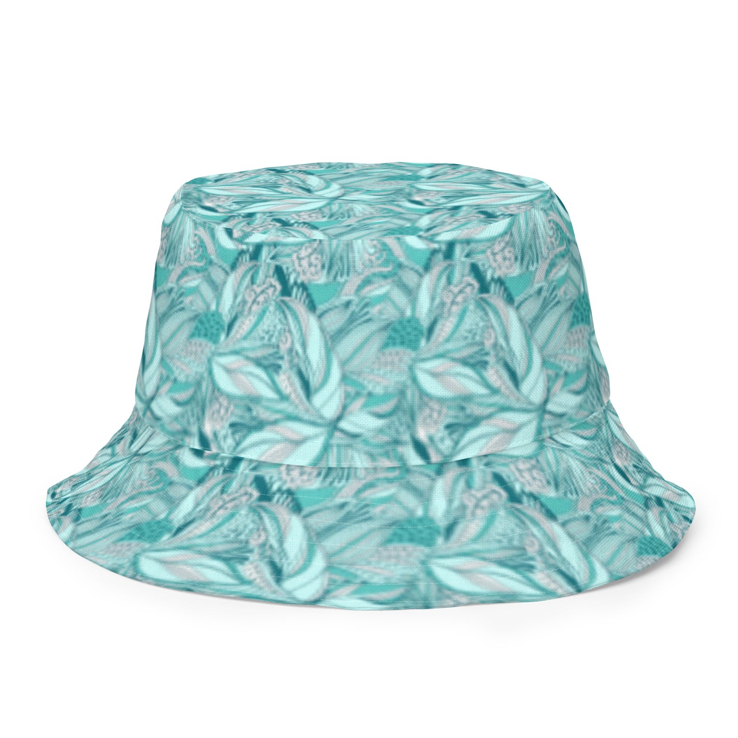 Reversible bucket hat spring green leaves with feathers on reverse design no. 1