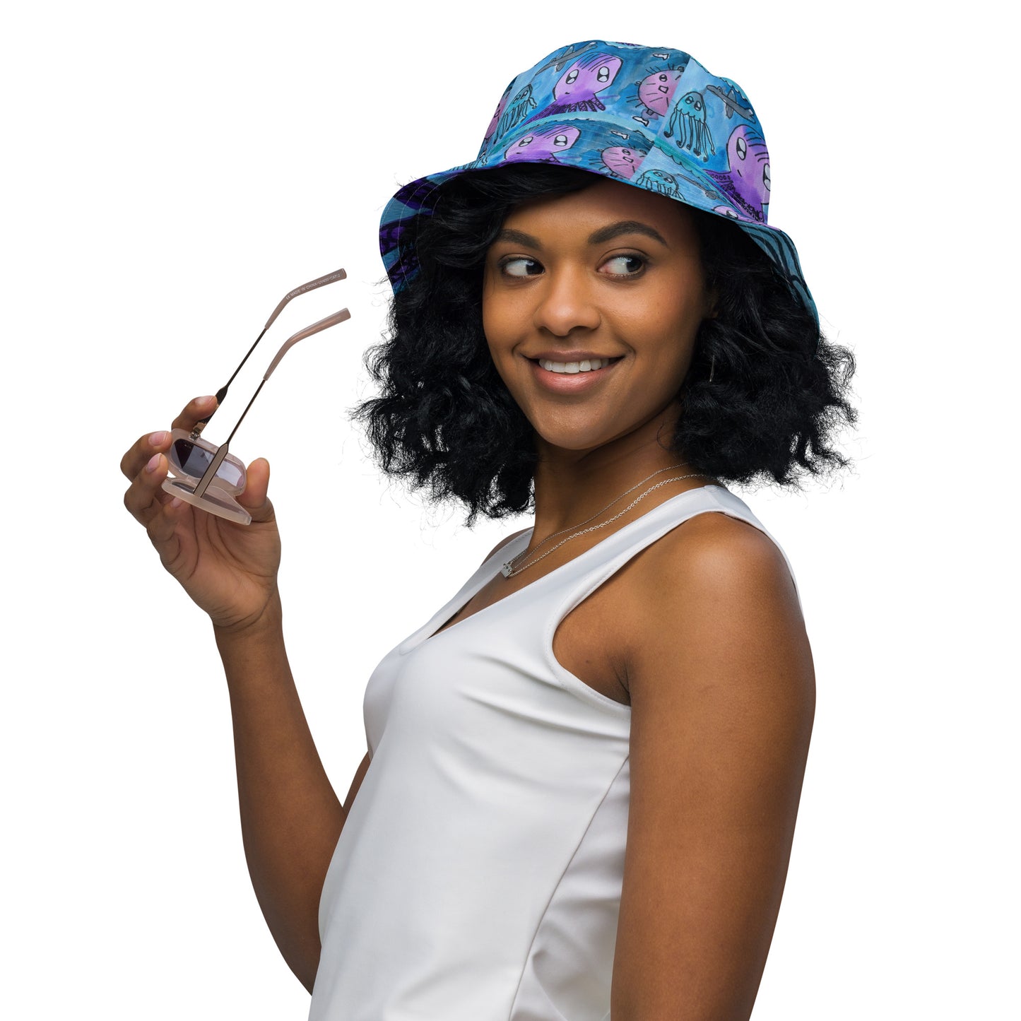 Reversible bucket hat hand painted design under the sea design No. 1 both sides same deaign