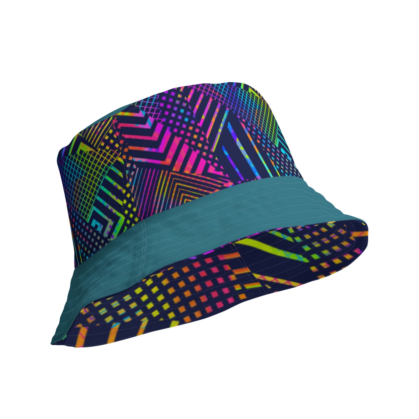 Reversible bucket hat geometric colorful lines with green on reverse design no. 1